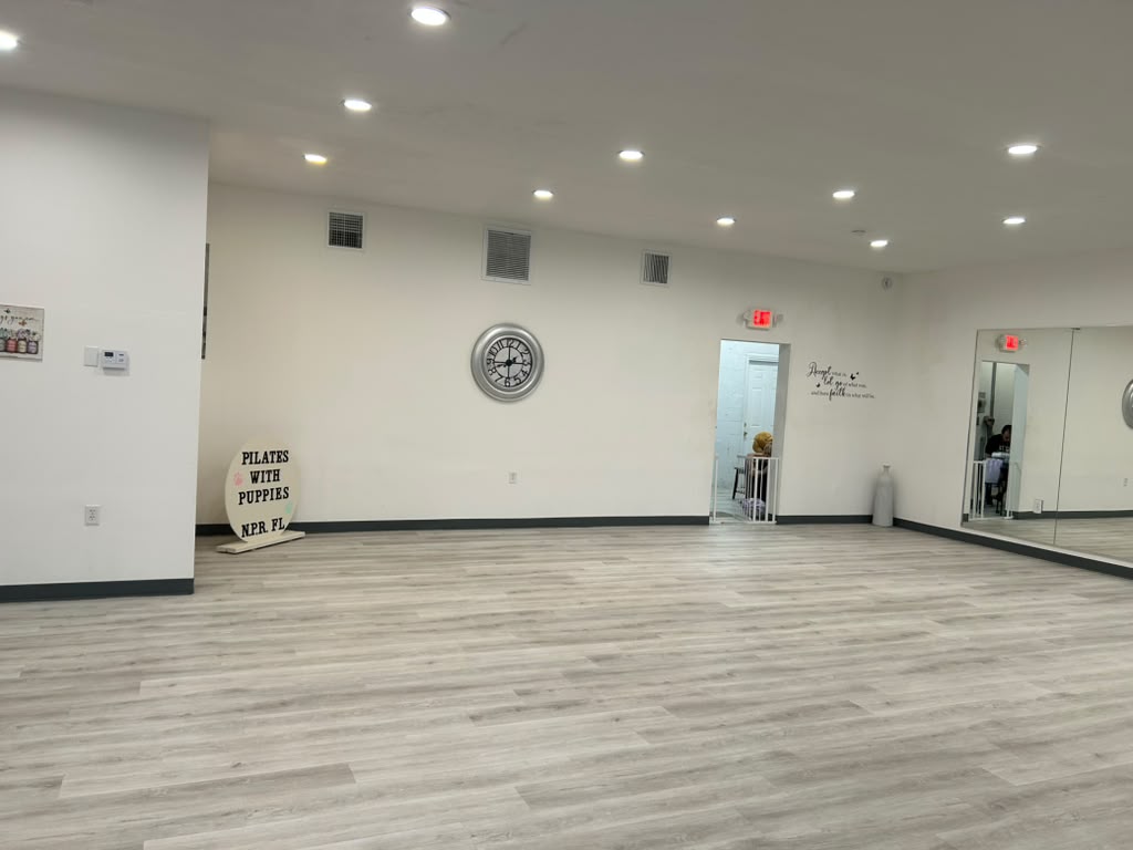 Pilates with Puppies studio in New Port Richey with open floor space for classes and events